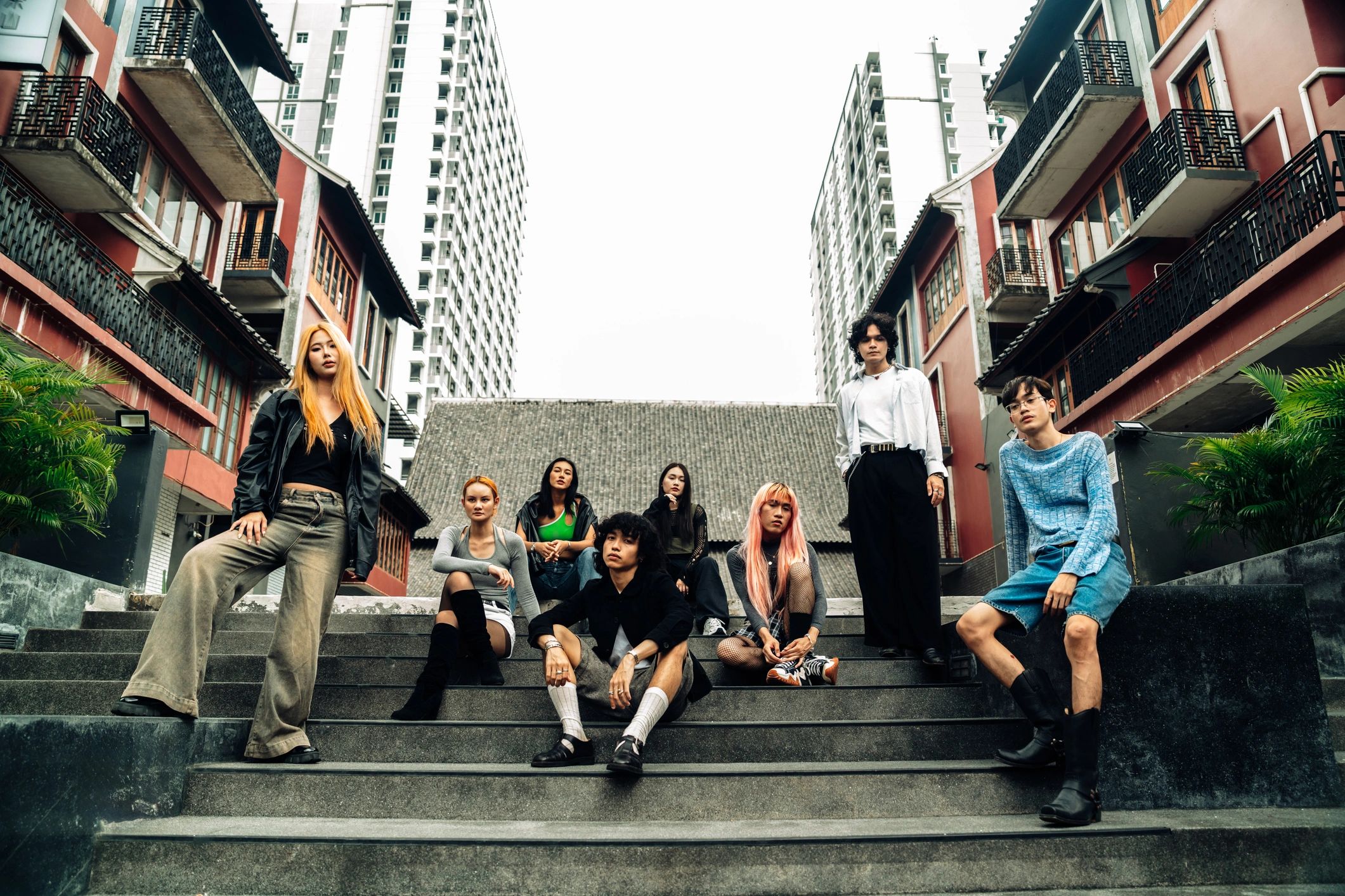 Diverse group of trendy friends in an urban setting